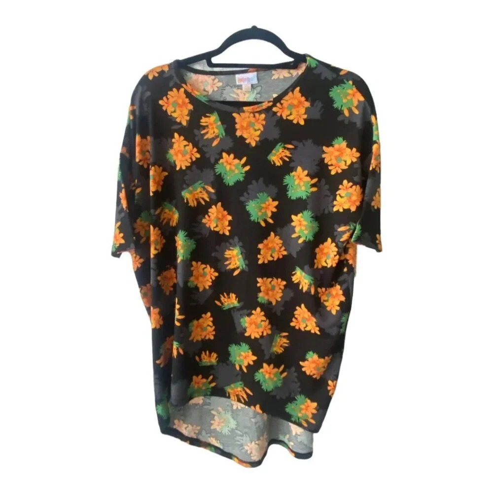 LuLaRoe Irma XXS Floral Print Tunic Top Black Orange Green‎ Polyester Spandex